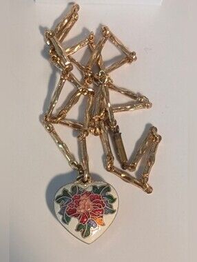 80s Reversible Cloisonné Enamel Puffy Heart Necklace, bamboo chain